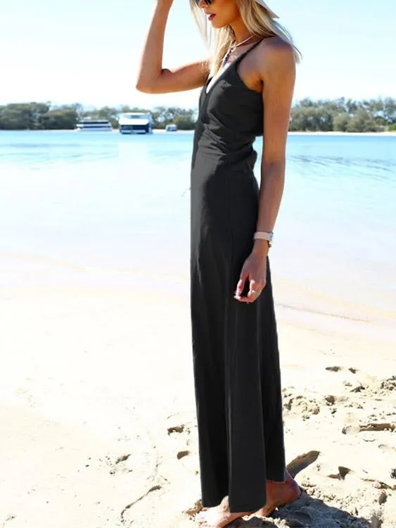 Wholesale Grey V-Neck Sleeveless Backless Maxi Dress