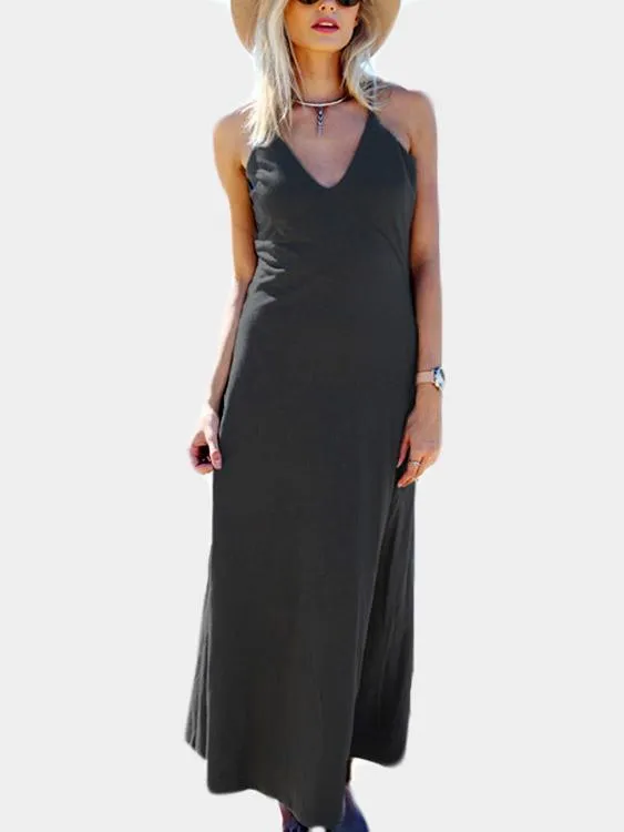 Wholesale Grey V-Neck Sleeveless Backless Maxi Dress