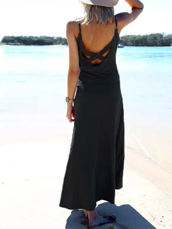 Wholesale Grey V-Neck Sleeveless Backless Maxi Dress