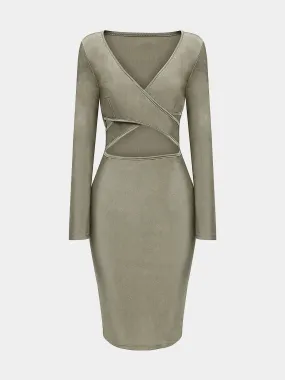 Wholesale Khaki V-Neck Crossed Collar Long Sleeve Crossed Front Cut Out Bodycon Midi Dress