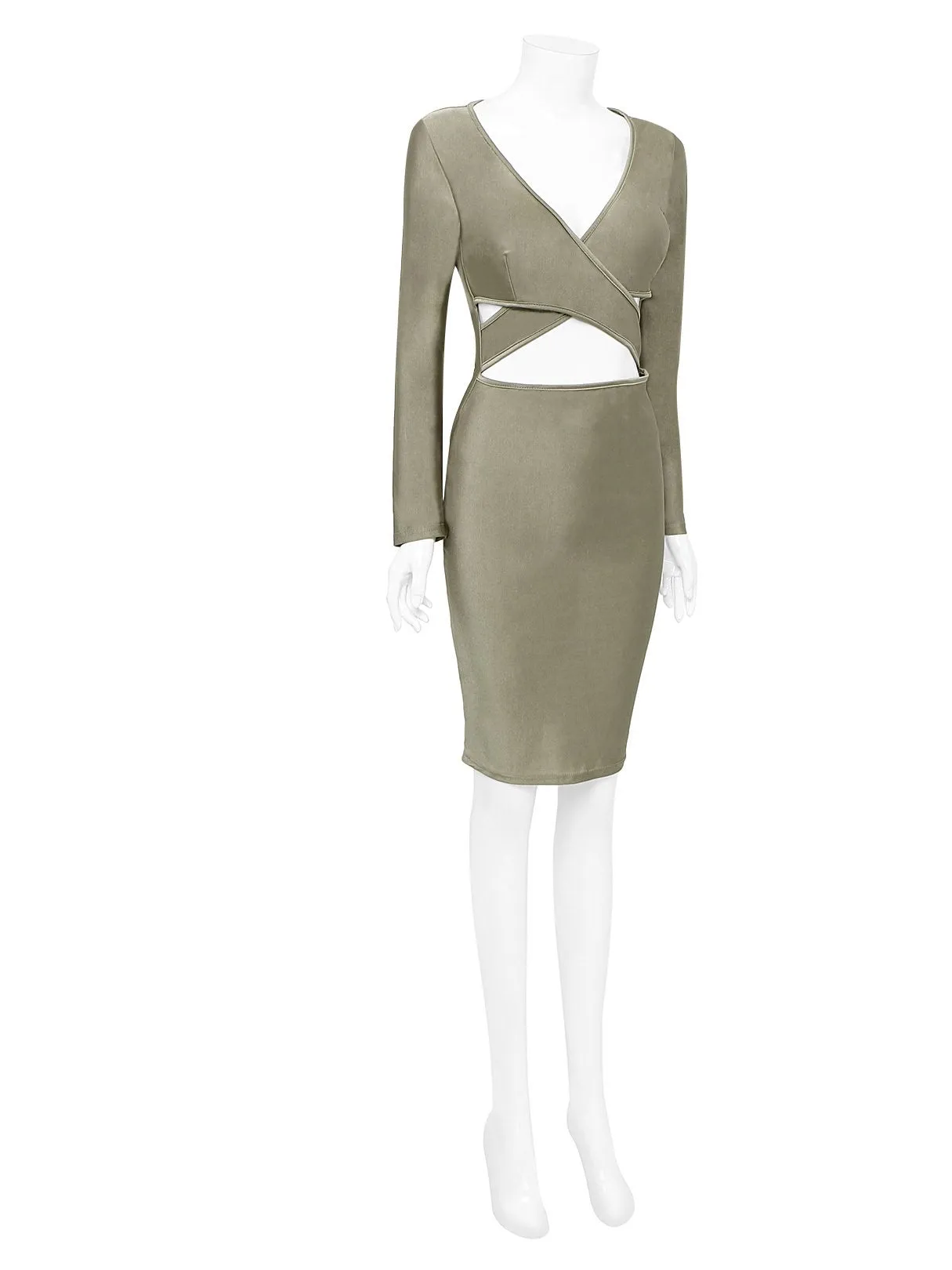 Wholesale Khaki V-Neck Crossed Collar Long Sleeve Crossed Front Cut Out Bodycon Midi Dress