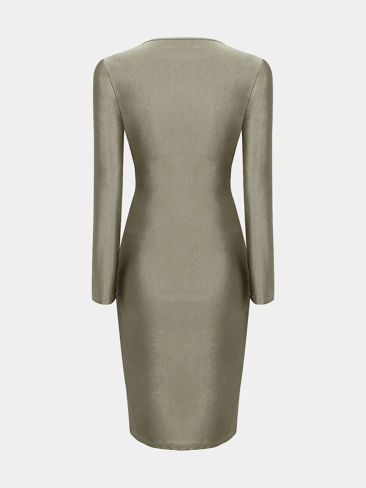 Wholesale Khaki V-Neck Crossed Collar Long Sleeve Crossed Front Cut Out Bodycon Midi Dress