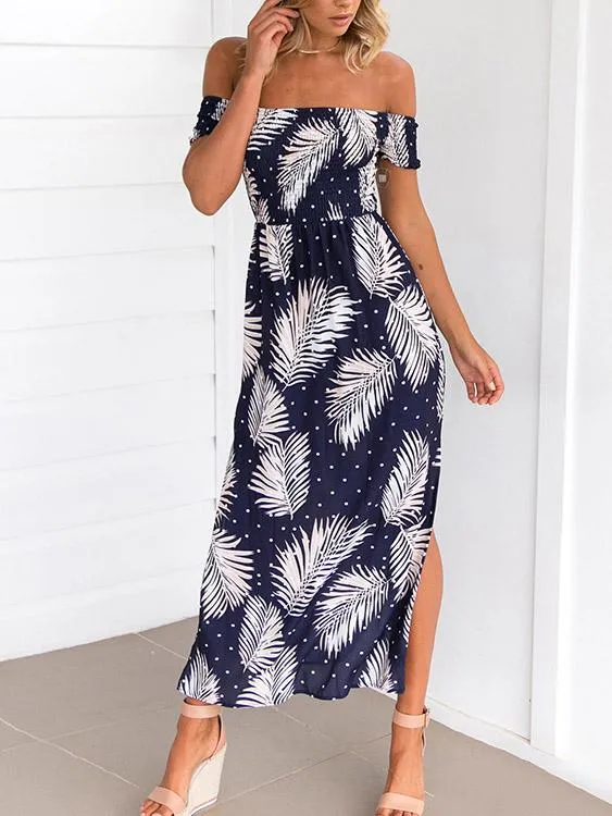 Wholesale Navy Off The Shoulder Short Sleeve Floral Print Slit Hem High-Waisted Maxi Dress