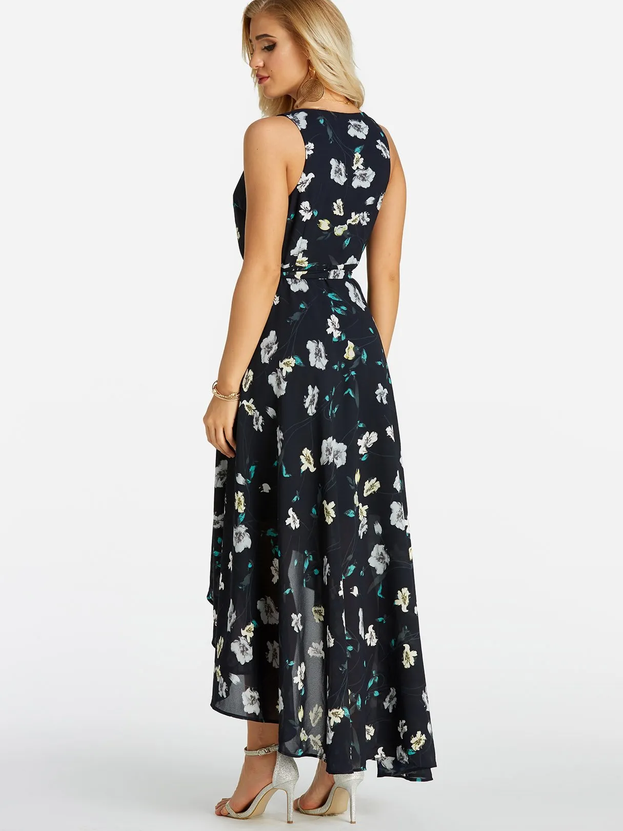 Wholesale Navy V-Neck Sleeveless Floral Print Self-Tie Wrap High-Low Hem Maxi Dress