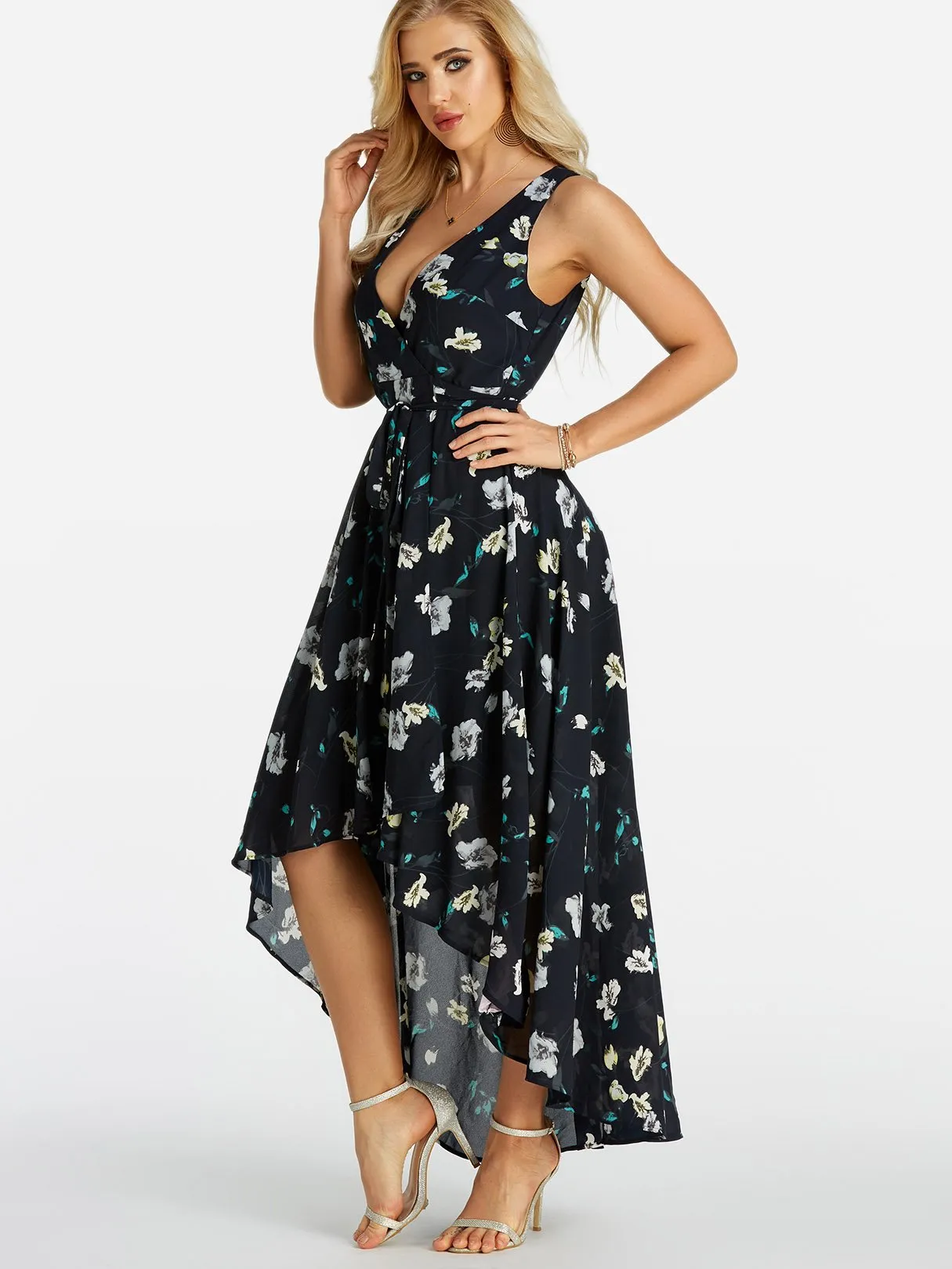 Wholesale Navy V-Neck Sleeveless Floral Print Self-Tie Wrap High-Low Hem Maxi Dress