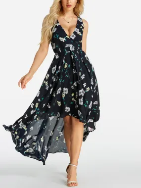 Wholesale Navy V-Neck Sleeveless Floral Print Self-Tie Wrap High-Low Hem Maxi Dress