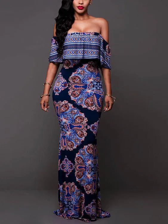 Wholesale Off The Shoulder Sleeveless Tiered Backless Navy Maxi Dress