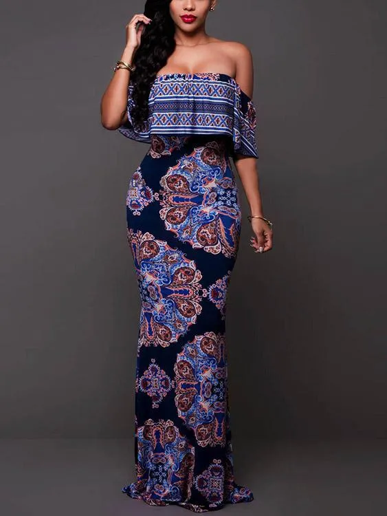 Wholesale Off The Shoulder Sleeveless Tiered Backless Navy Maxi Dress