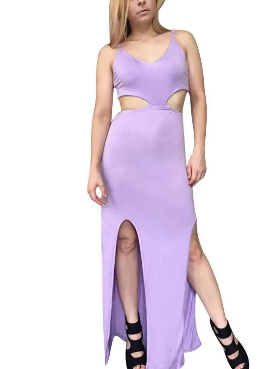 Wholesale Purple V-Neck Sleeveless Cut Out Spaghetti Strap Maxi Dress