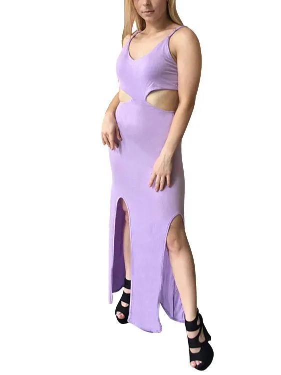 Wholesale Purple V-Neck Sleeveless Cut Out Spaghetti Strap Maxi Dress