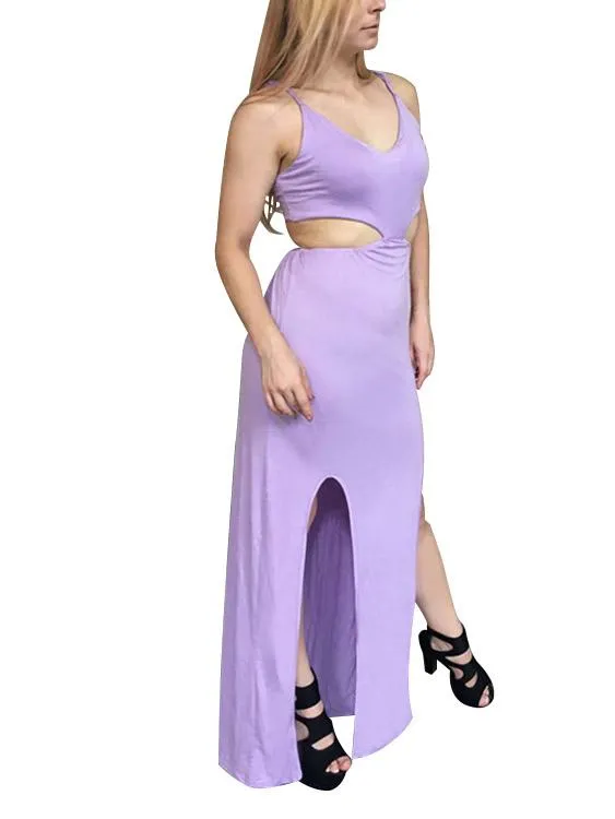 Wholesale Purple V-Neck Sleeveless Cut Out Spaghetti Strap Maxi Dress