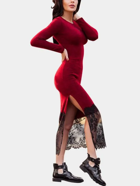 Wholesale Red Round Neck Long Sleeve Lace Slit Hem Maxi Dress