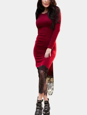 Wholesale Red Round Neck Long Sleeve Lace Slit Hem Maxi Dress