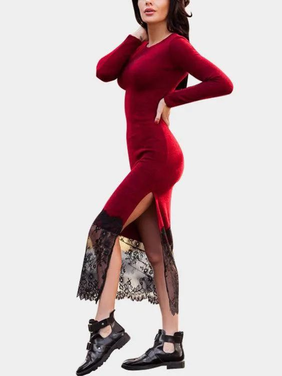 Wholesale Red Round Neck Long Sleeve Lace Slit Hem Maxi Dress