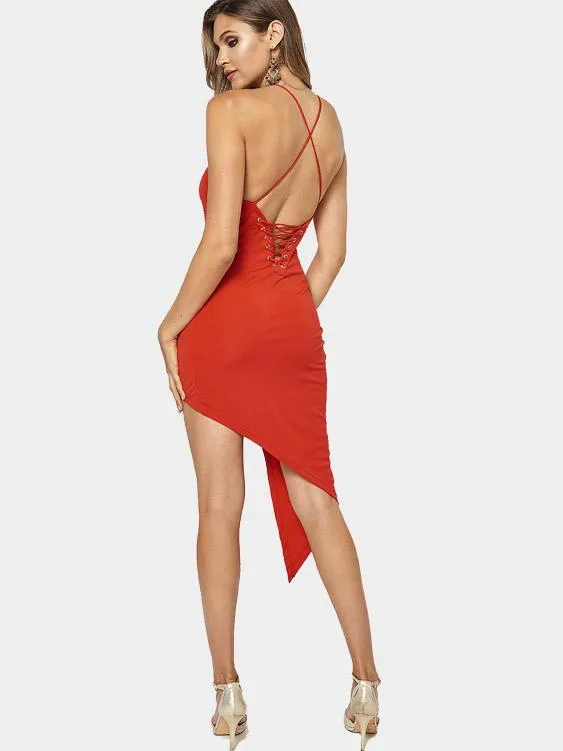 Wholesale Red Round Neck Sleeveless Plain Backless Spaghetti Strap Irregular Hem Midi Dress