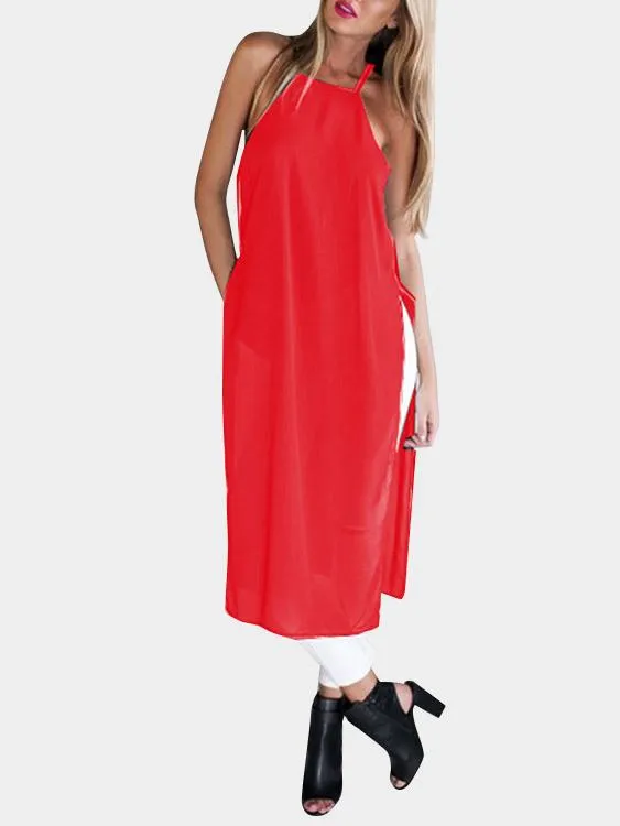 Wholesale Red Sleeveless Slit Hem Midi Dress