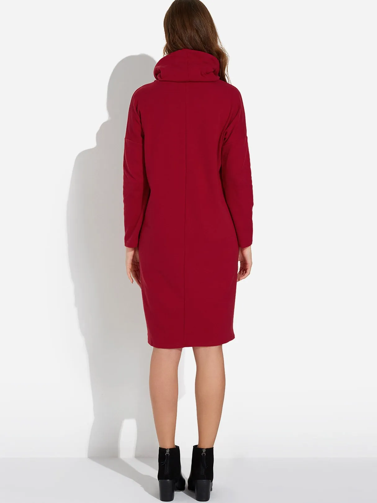 Wholesale Roll Neck Side Pockets Long Sleeve Slit Hem Burgundy Midi Dress