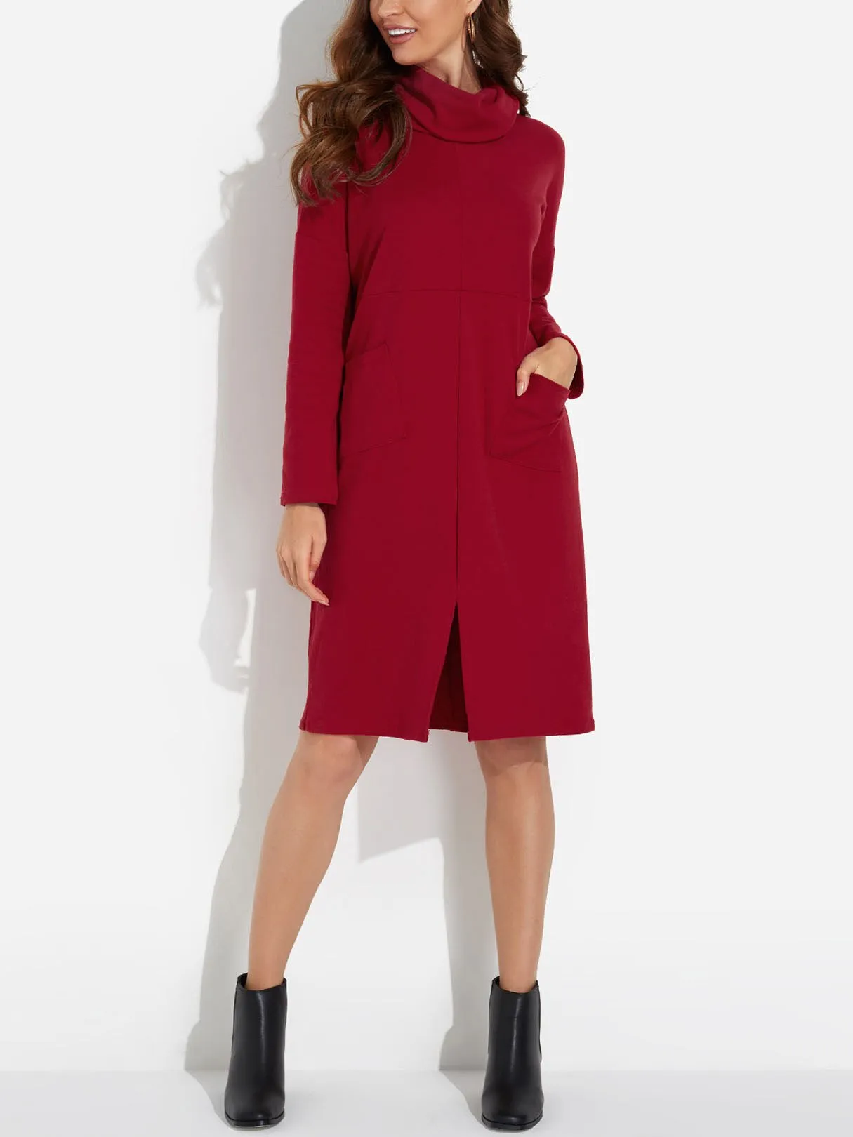 Wholesale Roll Neck Side Pockets Long Sleeve Slit Hem Burgundy Midi Dress