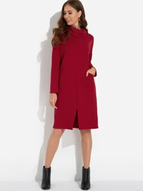 Wholesale Roll Neck Side Pockets Long Sleeve Slit Hem Burgundy Midi Dress