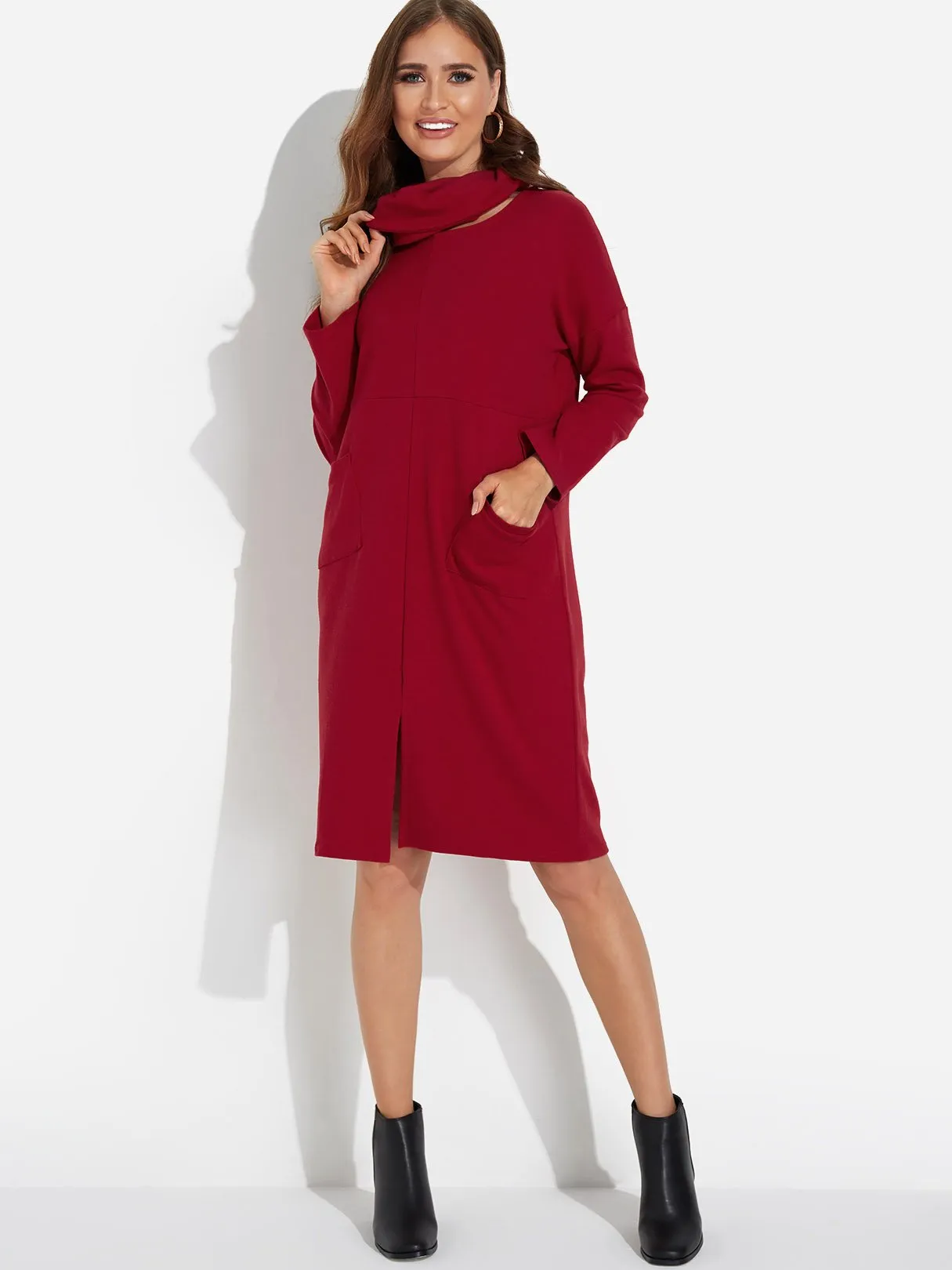 Wholesale Roll Neck Side Pockets Long Sleeve Slit Hem Burgundy Midi Dress