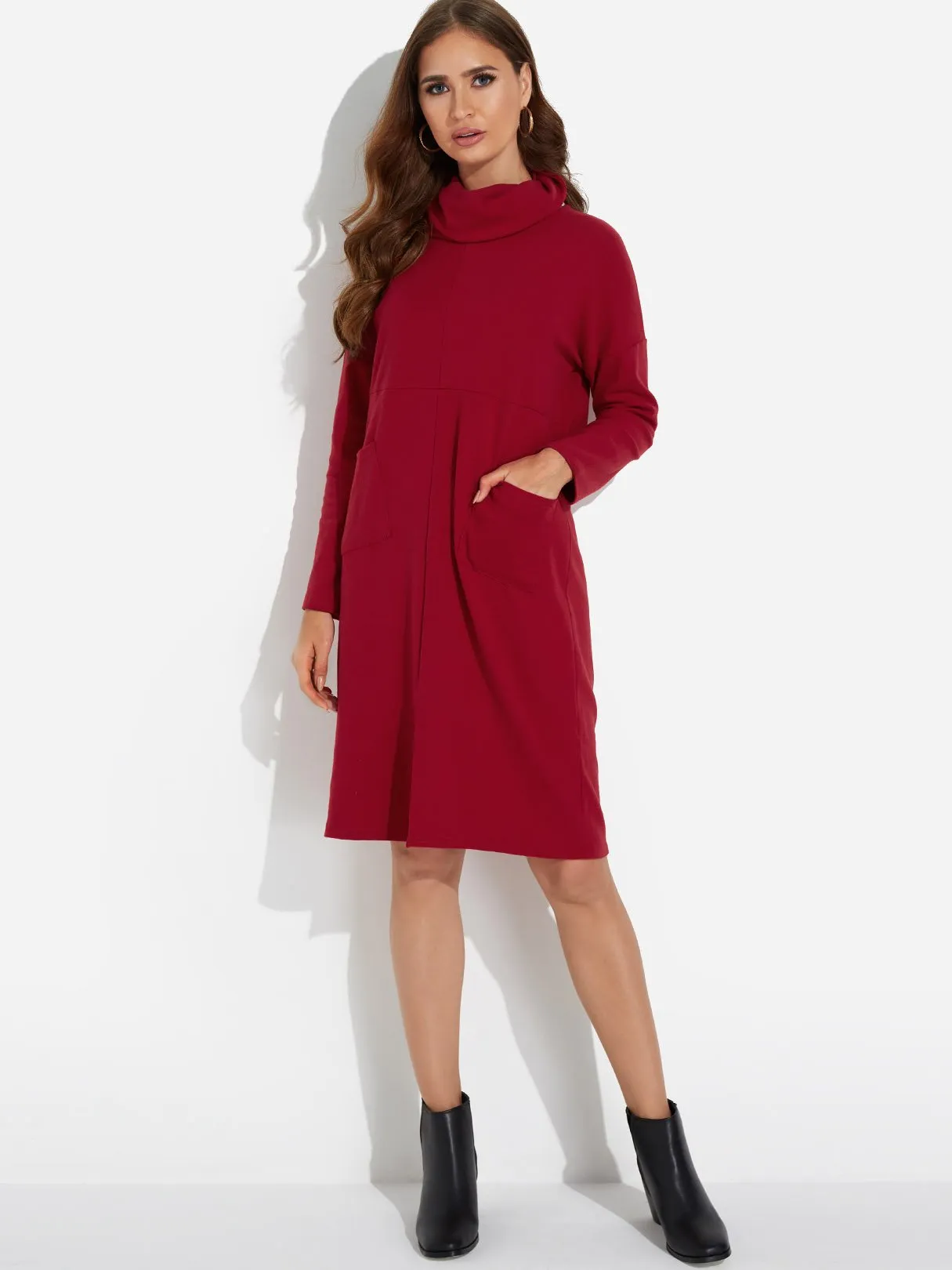 Wholesale Roll Neck Side Pockets Long Sleeve Slit Hem Burgundy Midi Dress