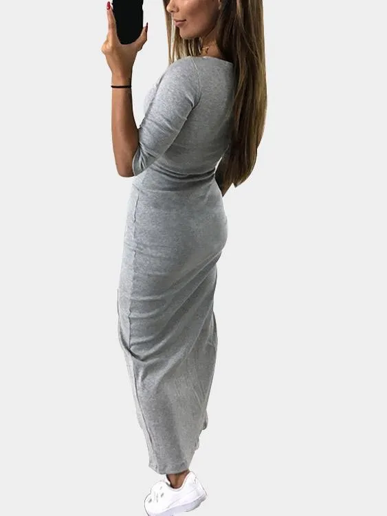 Wholesale Round Neck 3/4 Sleeve Length Plain Pleated Slit Irregular Hem Maxi Dress