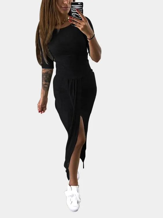 Wholesale Round Neck 3/4 Sleeve Length Plain Pleated Slit Irregular Hem Maxi Dress