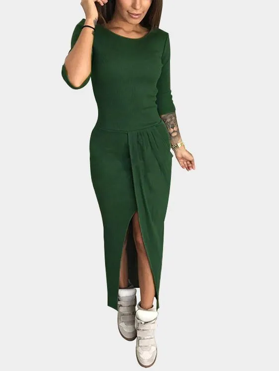 Wholesale Round Neck 3/4 Sleeve Length Plain Pleated Slit Irregular Hem Maxi Dress