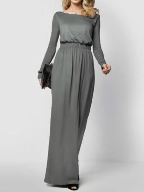 Wholesale Scoop Neck Long Sleeve Plain Grey Maxi Dress