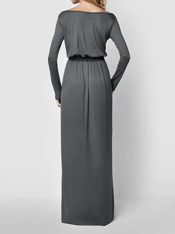 Wholesale Scoop Neck Long Sleeve Plain Grey Maxi Dress