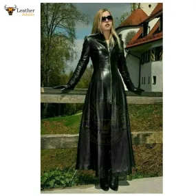 Womens Ladies Pure Black Leather Trench Steampunk Gothic Matrix Coat Jacket