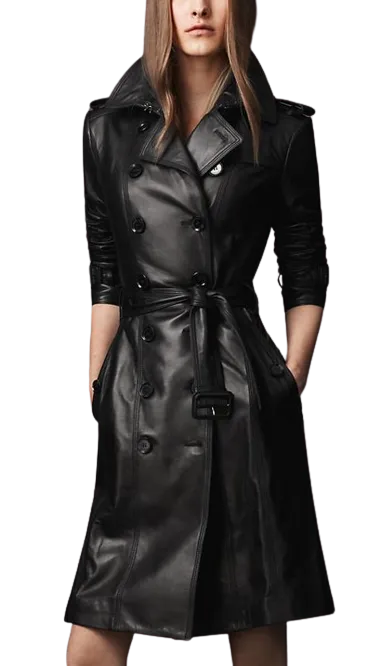 Womens Luna Genuine Lambskin Leather Long Trench Coat