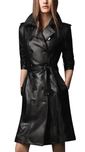 Womens Luna Genuine Lambskin Leather Long Trench Coat